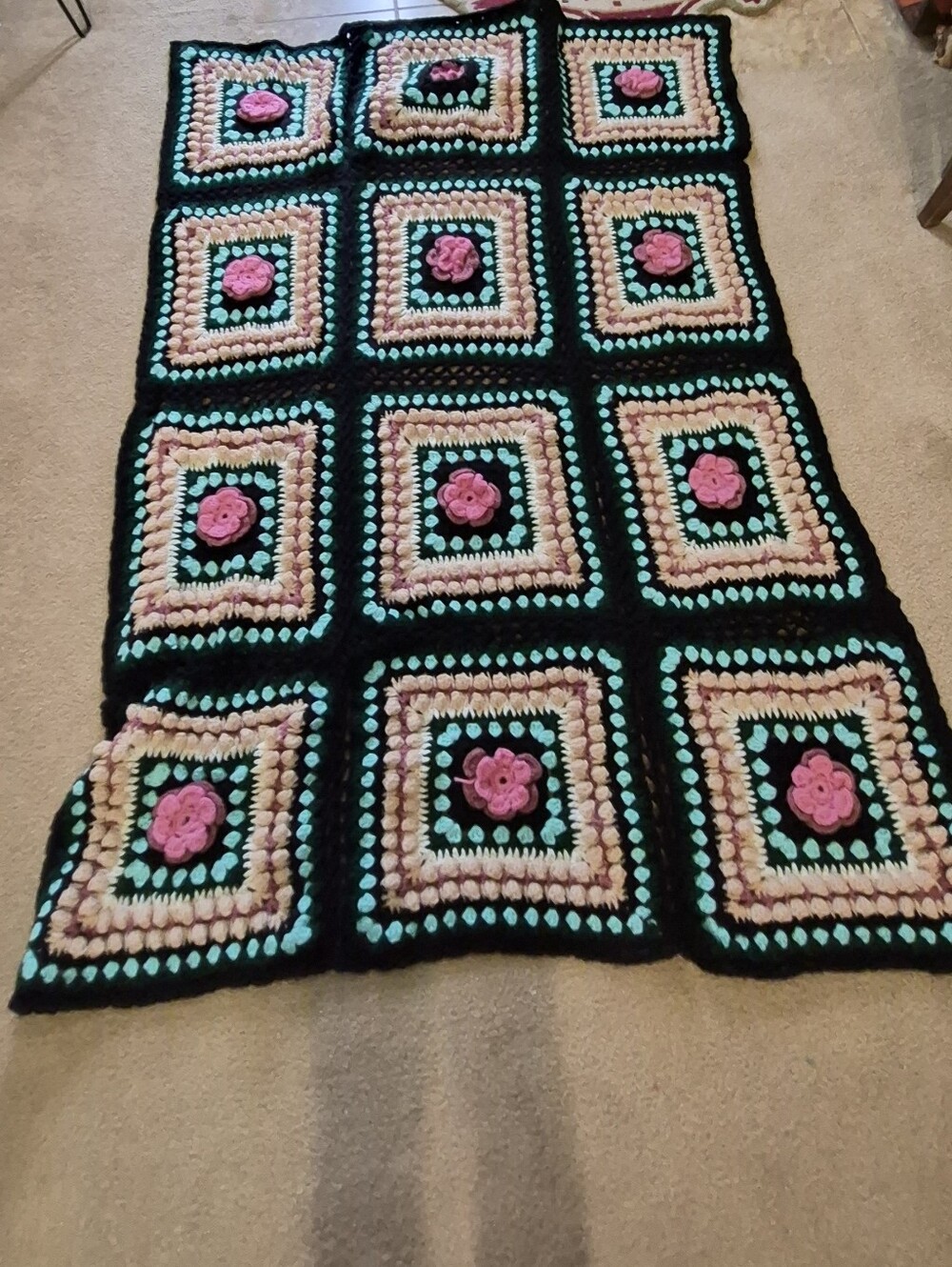 Handmade Black Crochet Granny Square Throw with Pink Roses